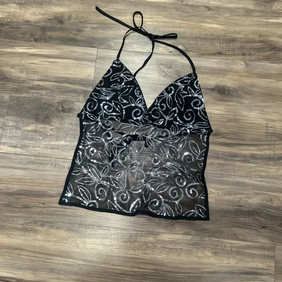 Black Sequin Halter Mesh Tank Top - Picture 2 of 4